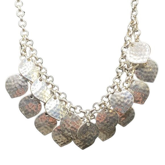 Silver tone double row hammered leaves on silver tone chain bib necklace - Picture 3 of 7